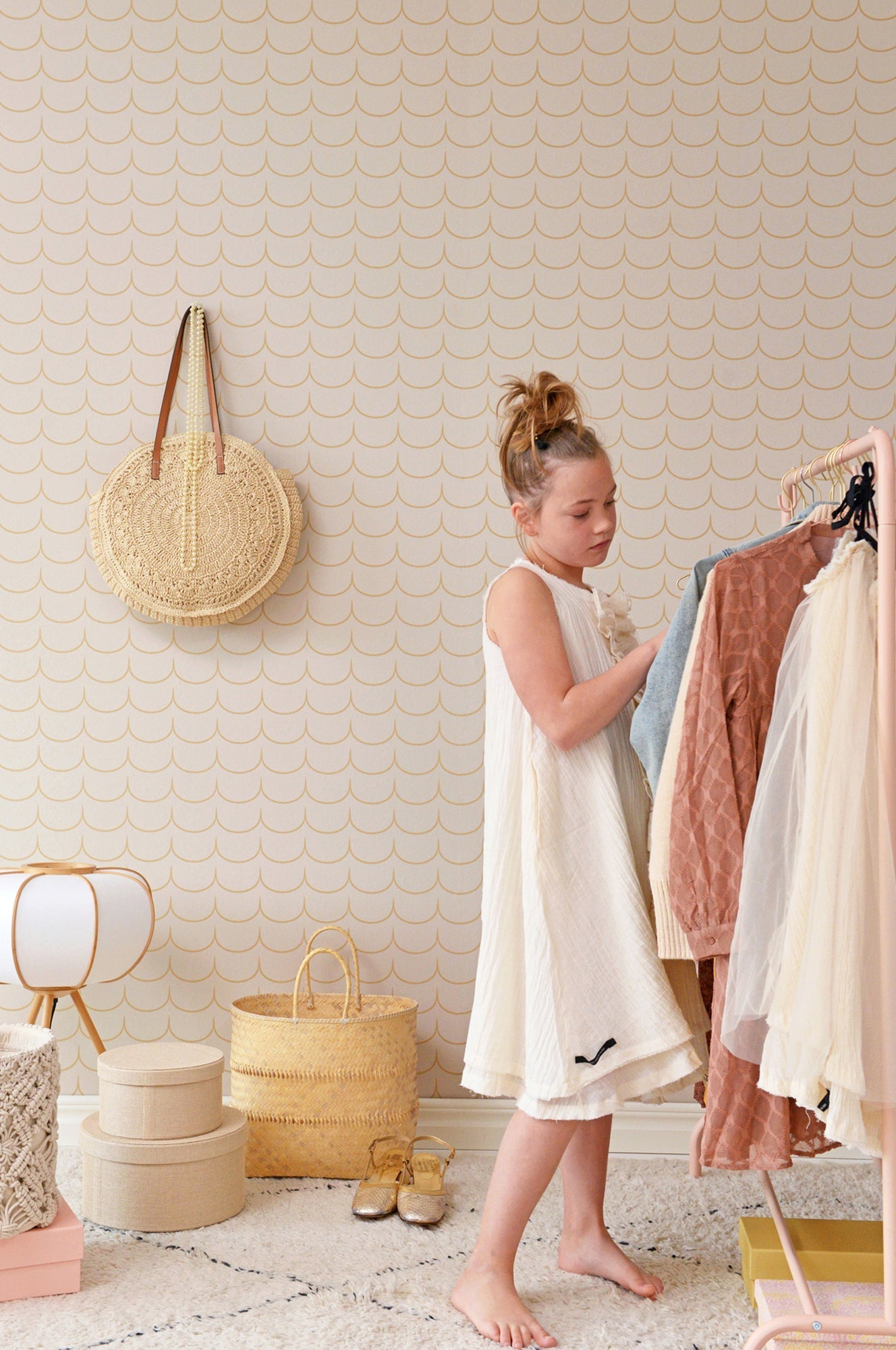 Drop Curtain Greige Golden Brown Wallpaper - Majvillan