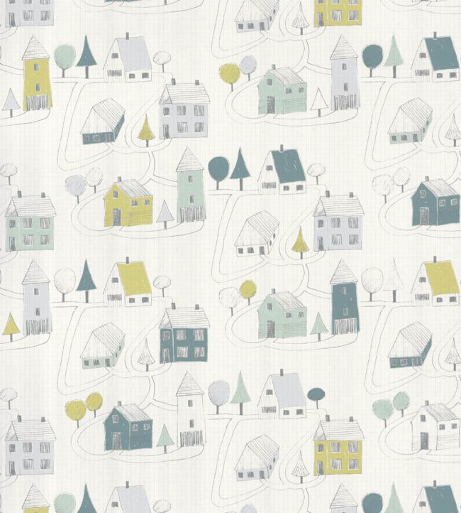 Small Village Nursery Wallpaper - Blue