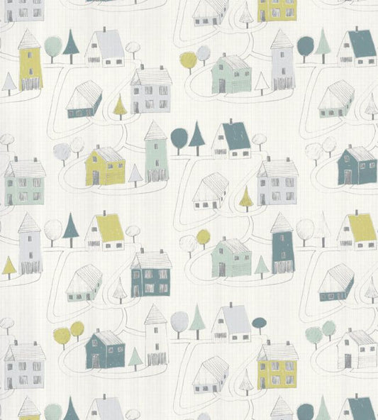 Small Village Nursery Wallpaper - Blue