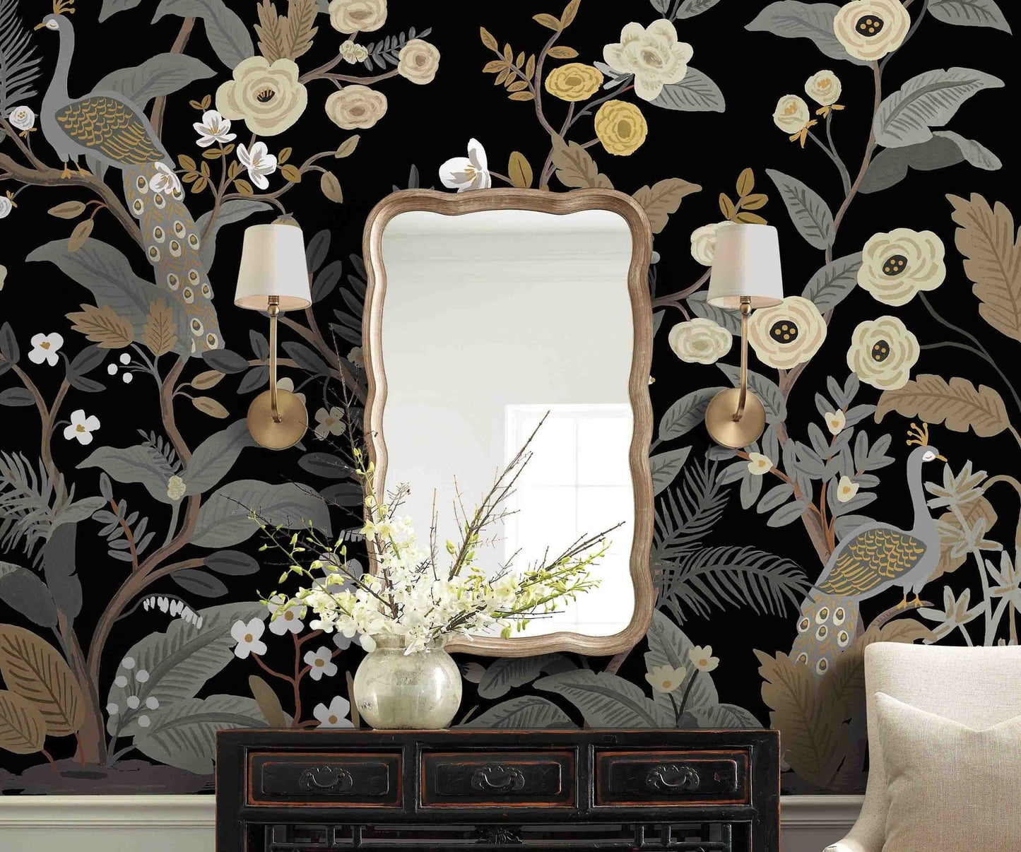Peacock Wallpaper Mural - Black - Rifle