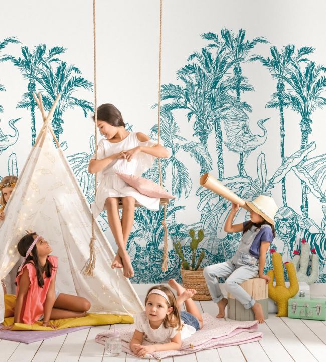 La Jungle Enchantee Nursery Room Wallpaper - Blue