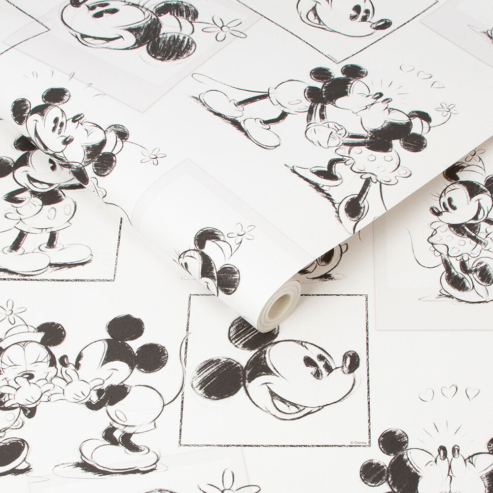 Mickey & Minnie sketch Nursery Room Wallpaper - White
