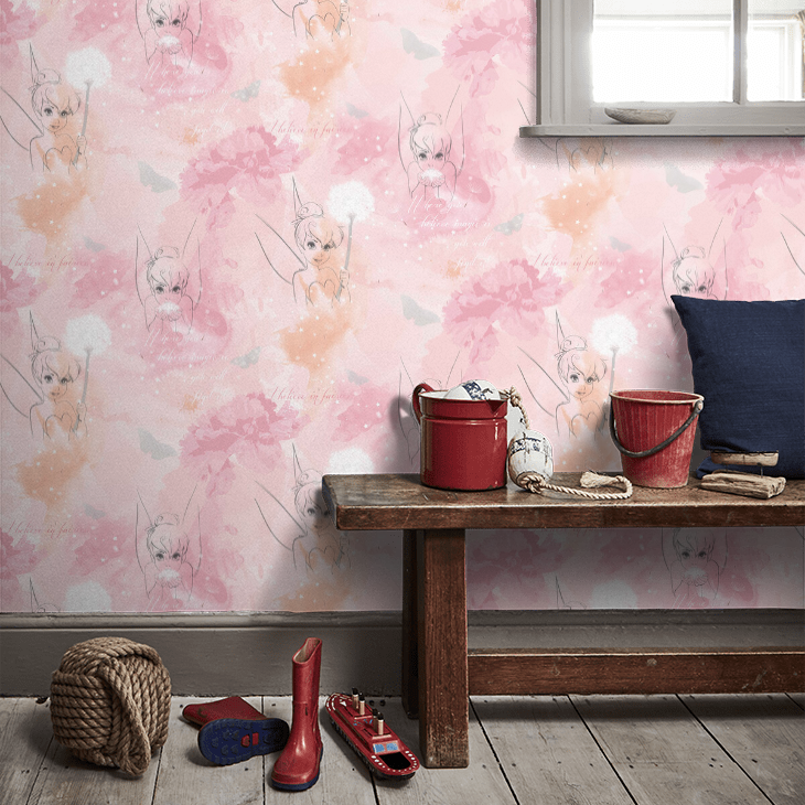 Tinkerbell Watercolour Nursery Room Wallpaper 5 - Pink