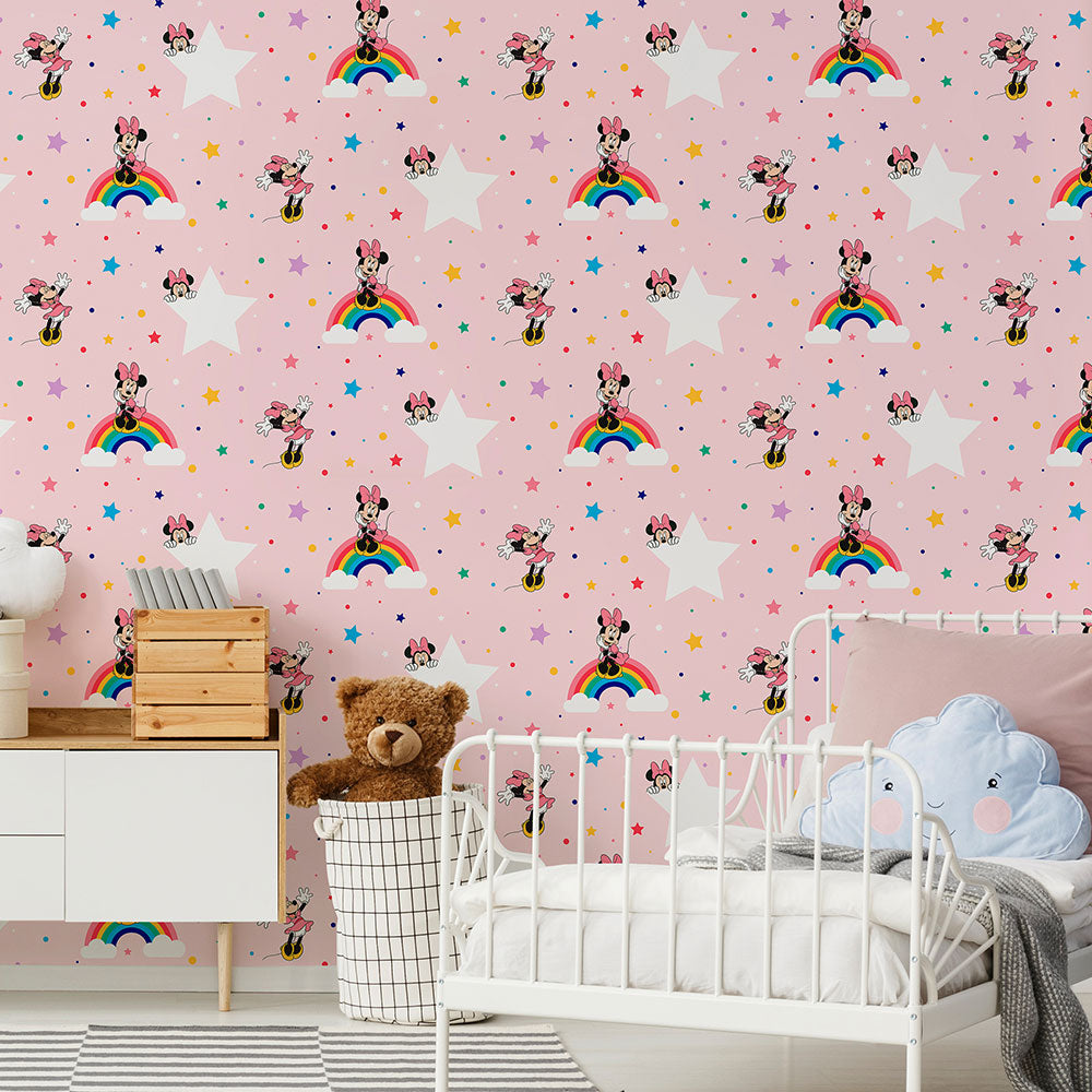 Rainbow Minnie Nursery Room Wallpaper 2 - Pink