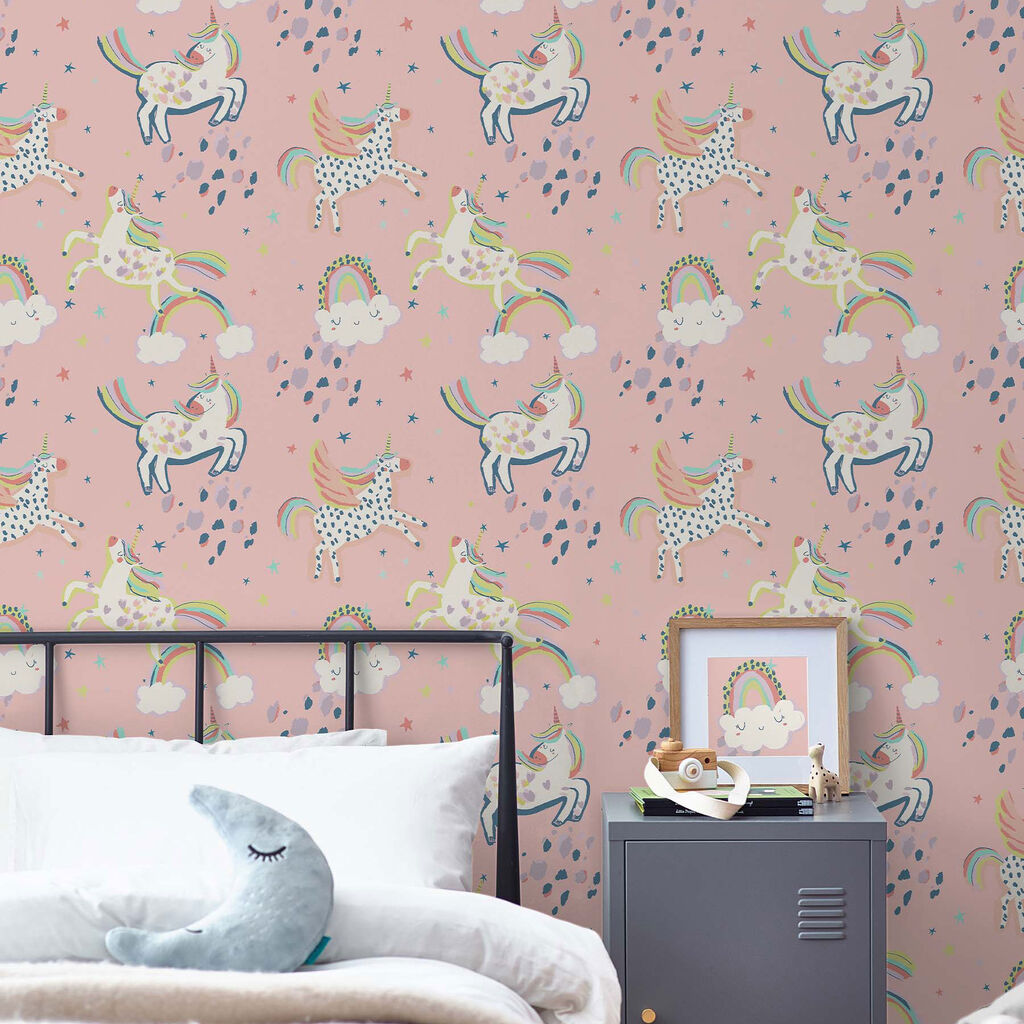 Party Unicorn Pink Nursery Room Wallpaper - Pink