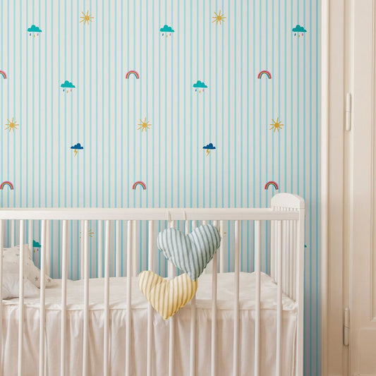 Whatever the Weather Icons Haze Blue Nursery Room Wallpaper - Teal