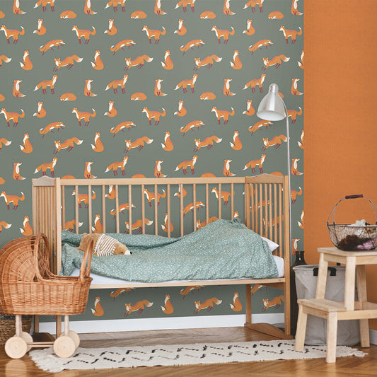 Friendly Foxes Great Kids Nursery Room Wallpaper - Green