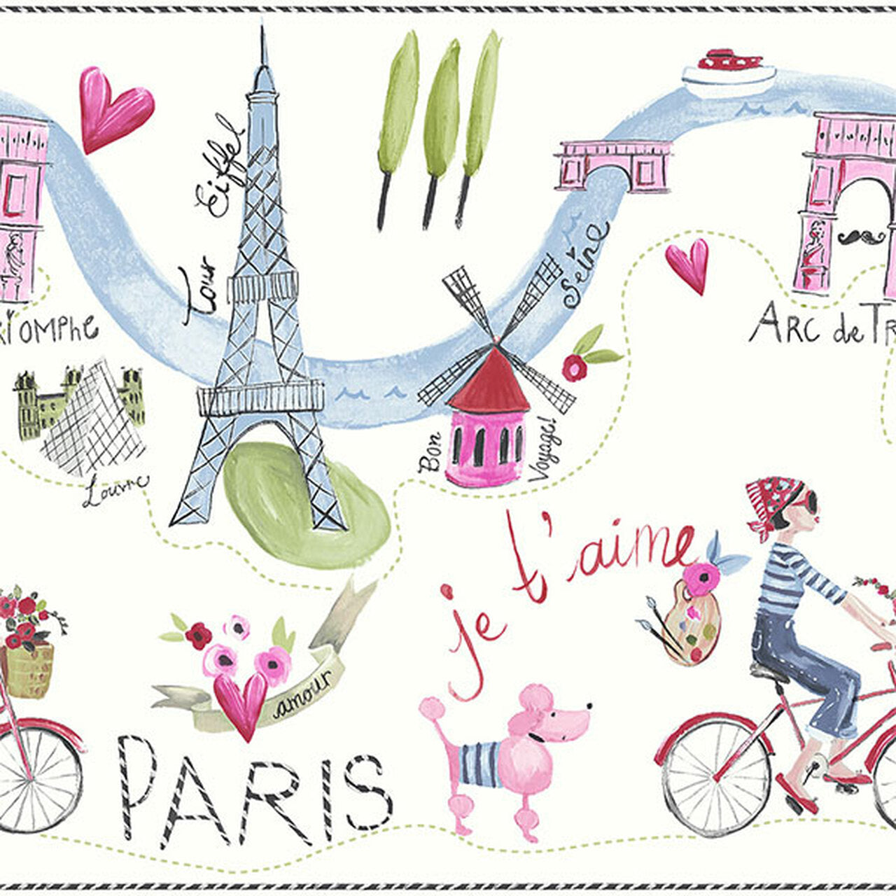 Frieze Paris with Love Imagine Fun Border Nursery Wallpaper - Multicolor