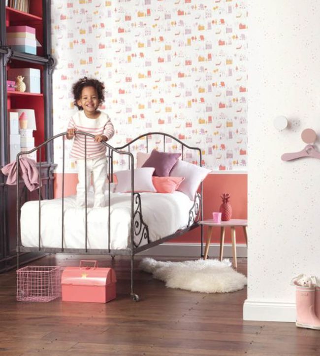 Small Village Nursery Room Wallpaper - Pink