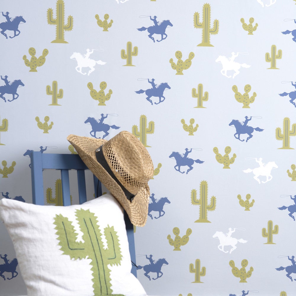 Cactus Cowboy Nursery Room Wallpaper - Blue