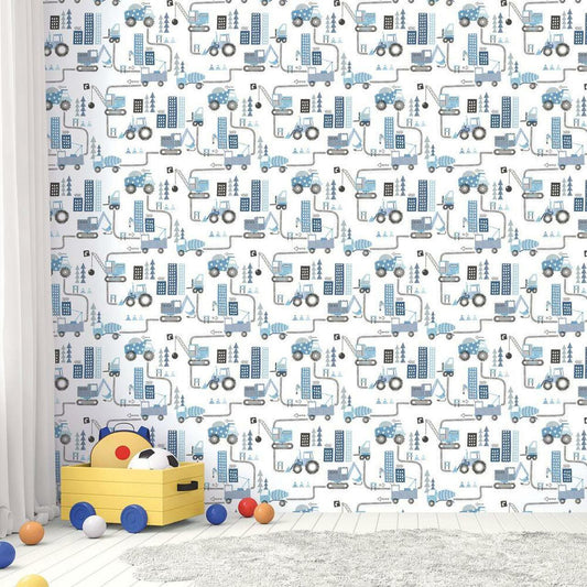 Construction Tiny Tots 2 Nursery Room Wallpaper - Blue