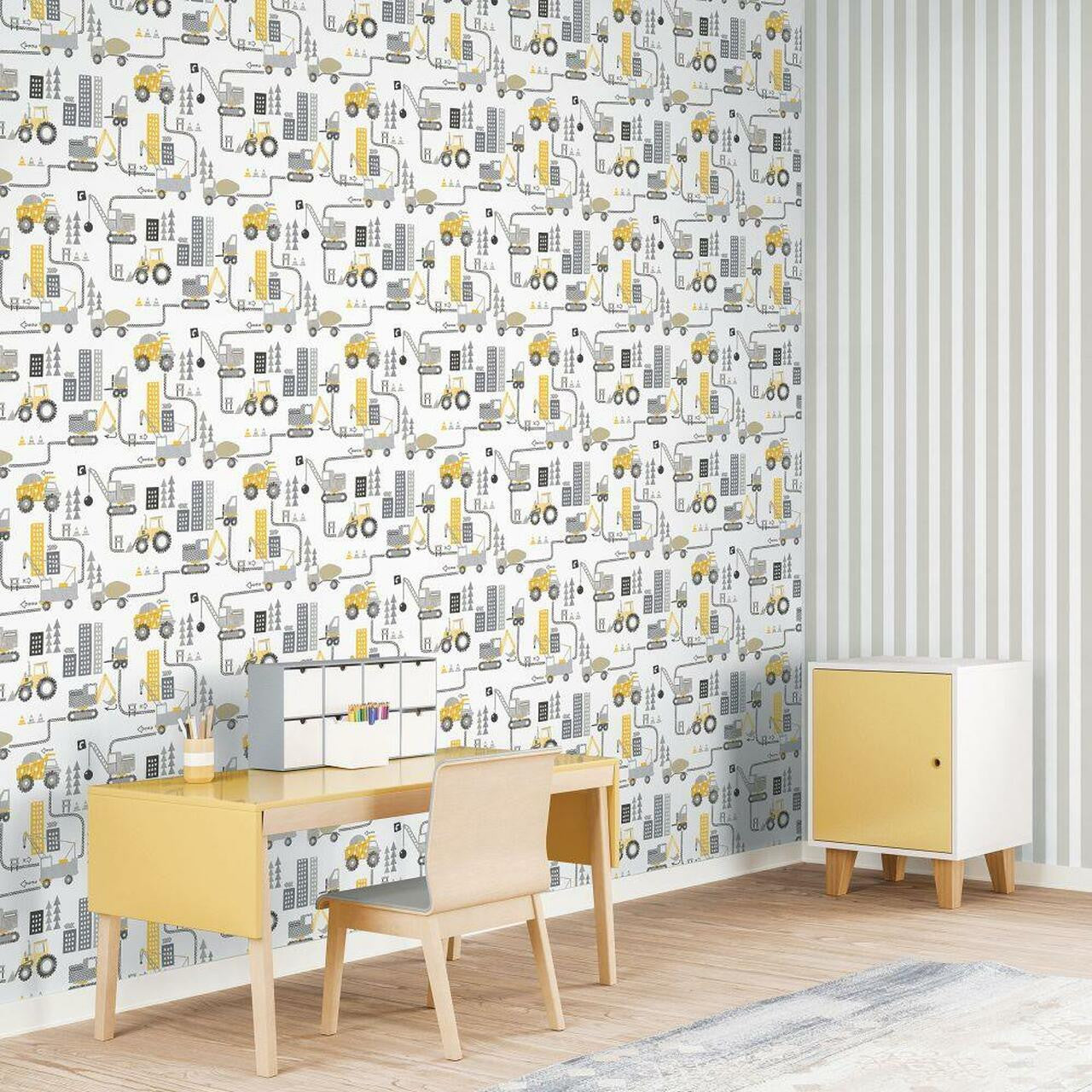 Construction Tiny Tots 2 Nursery Room Wallpaper - Gray