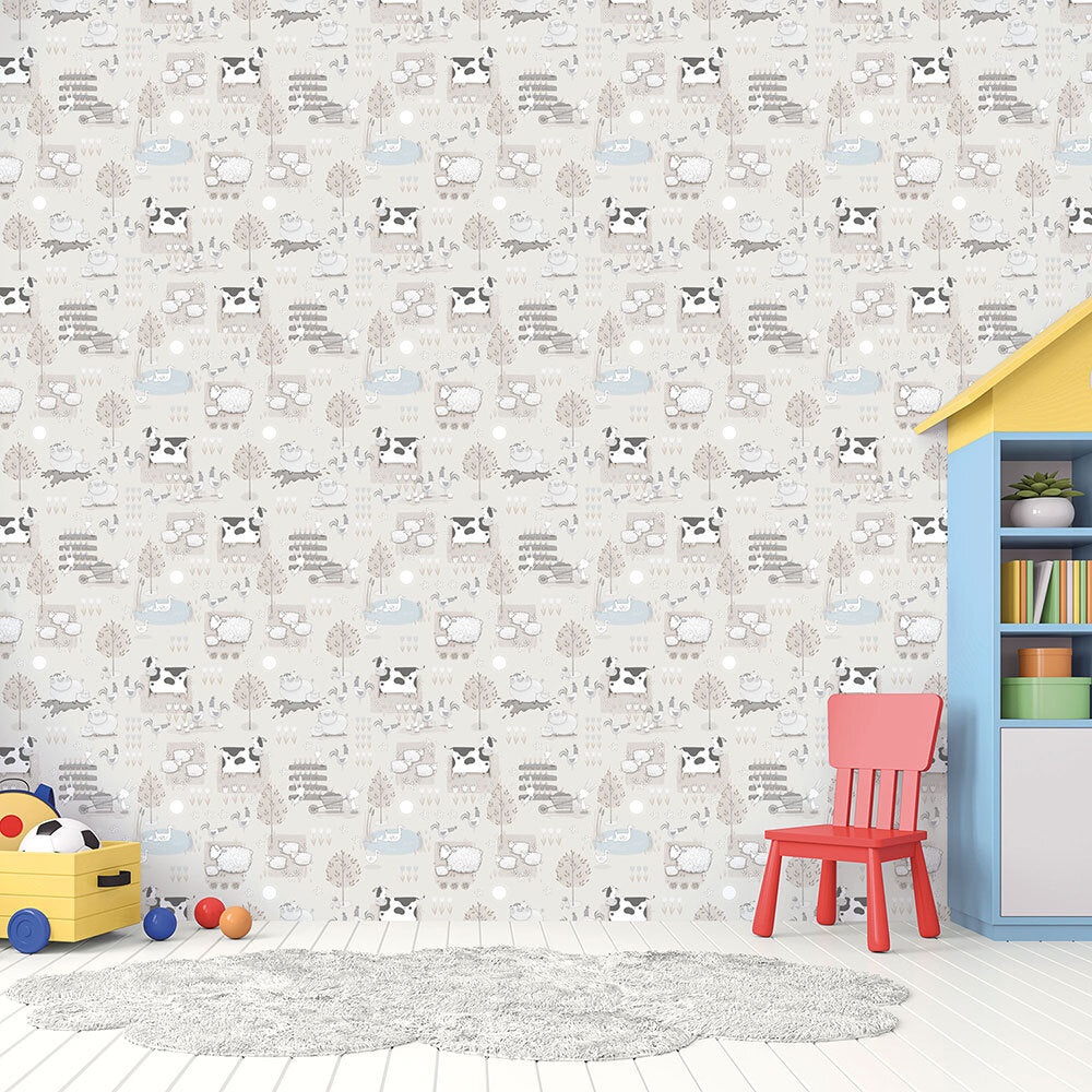 Farmland Nursery Room Wallpaper - Gray