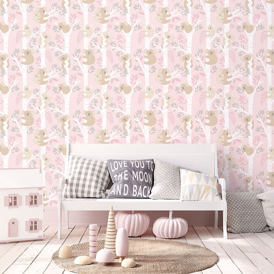 Koalas Nursery Room Wallpaper - Pink