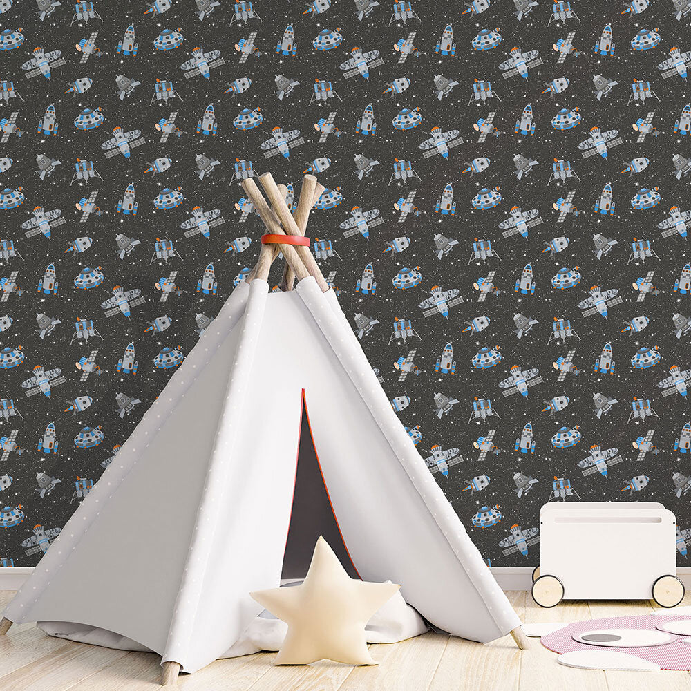 Spaceships Nursery Room Wallpaper - Black