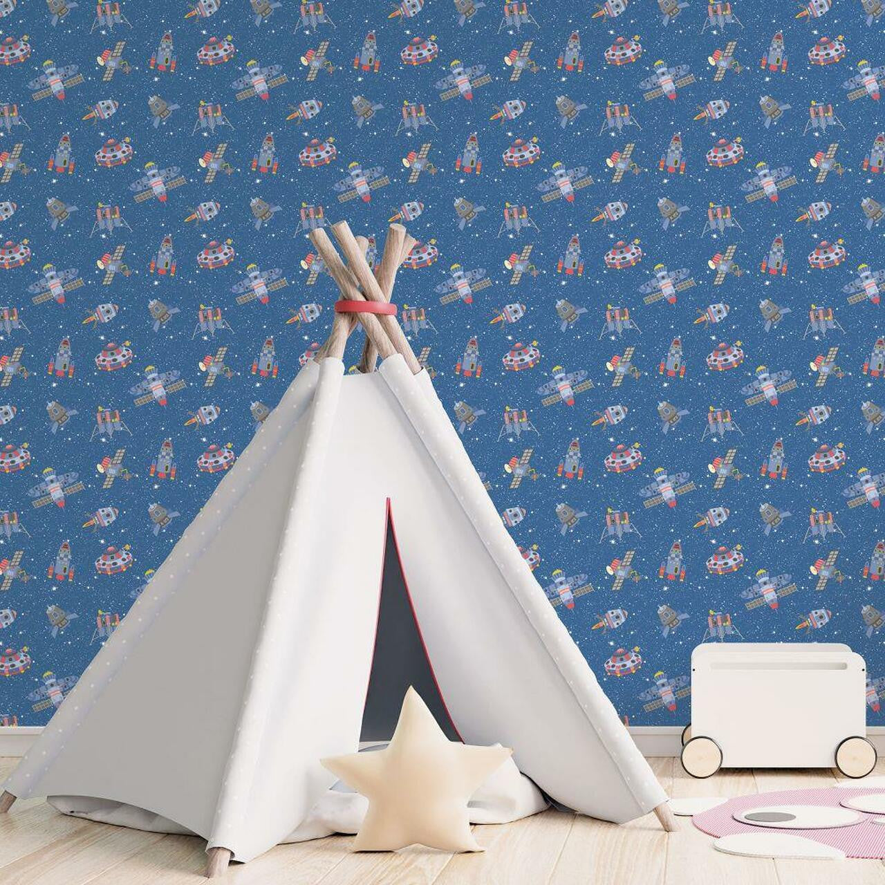 Spaceships Tiny Tots 2 Nursery Room Wallpaper - Blue