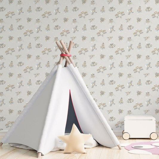 Spaceships Tiny Tots 2 Nursery Room Wallpaper - Gray