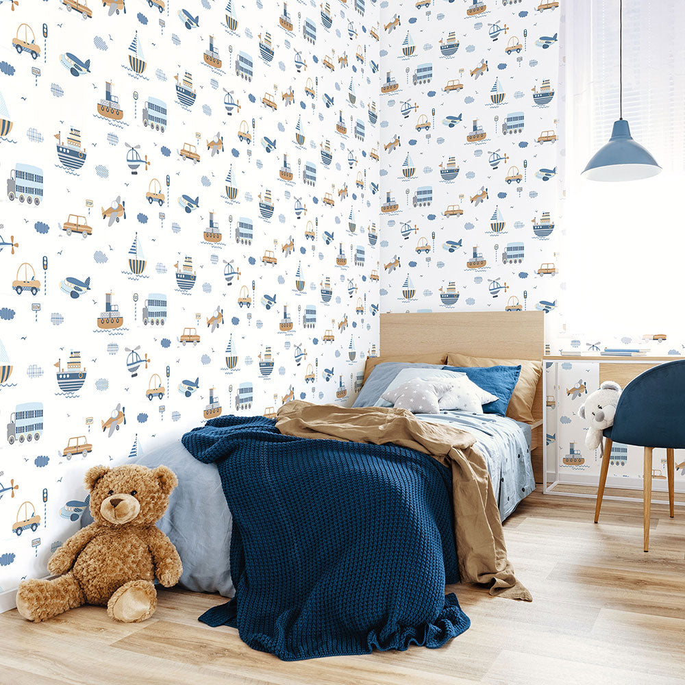 Transportation Nursery Room Wallpaper - White