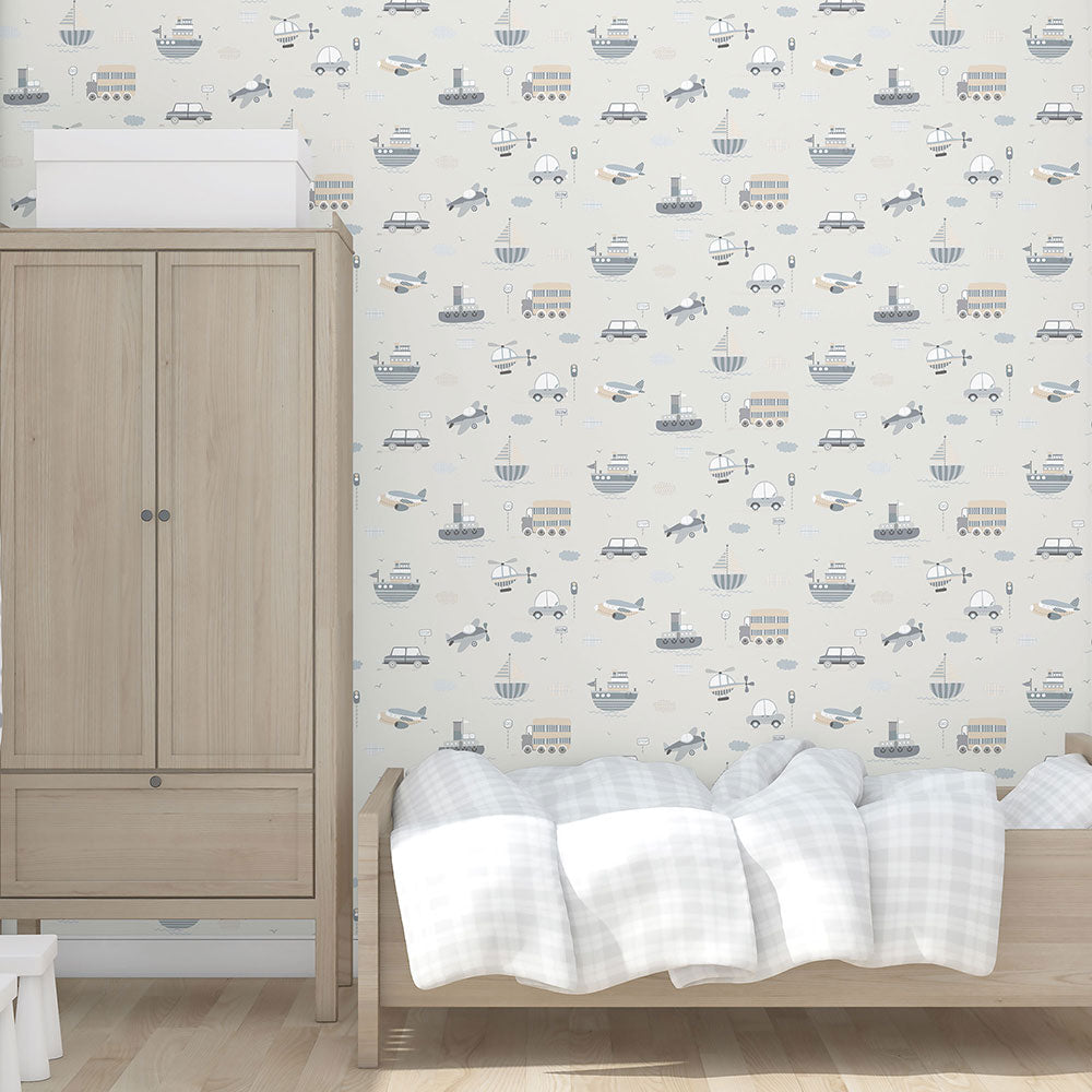 Transportation Nursery Room Wallpaper - Gray