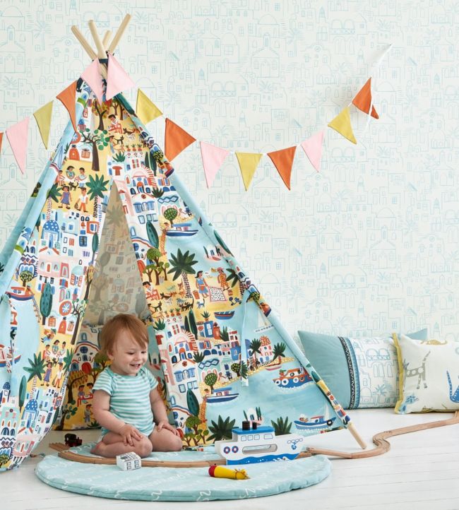 Teeny Santorini Nursery Room Wallpaper - Blue